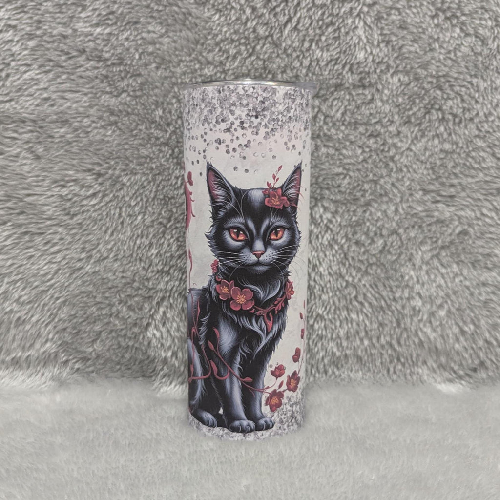 Black Cat Tumbler With A Glitter Design 20oz With Reusable Straw, Can Be Personalized