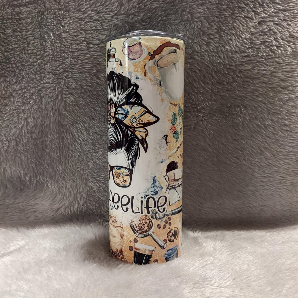 Coffee Life Mom Bun - Messy Bun Girl Tumbler 20oz With Reusable Straw, Can Be Personalized