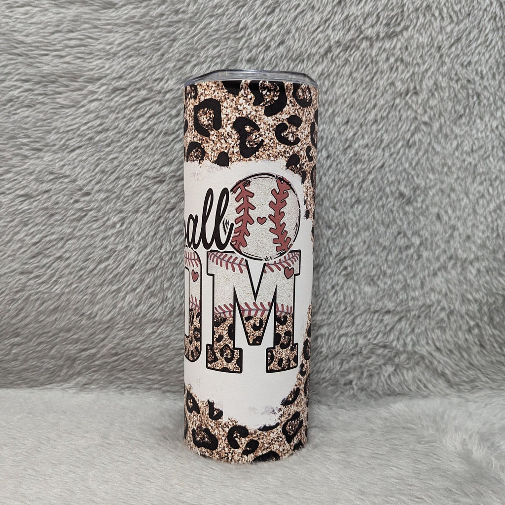 Baseball Mom Tumbler with Leopard Print and A Glitter  Design 20oz With Reusable Straw