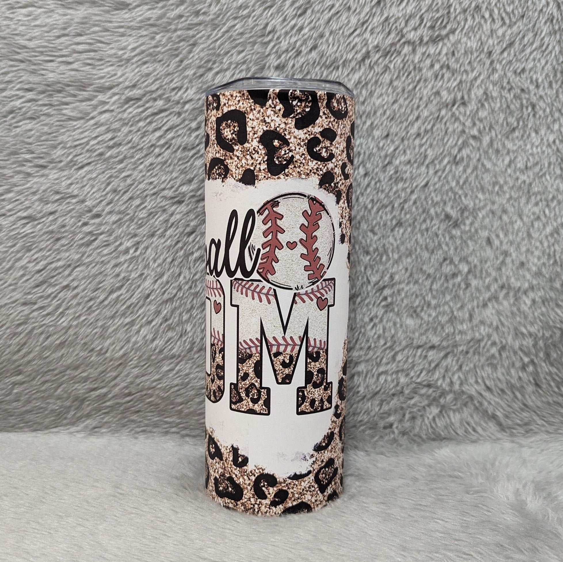 Baseball Mom Tumbler with Leopard Print and A Glitter  Design 20oz With Reusable Straw