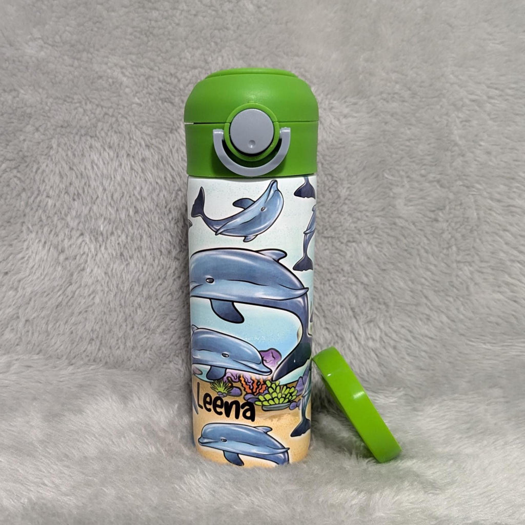 Kids Dolphin Water Bottle 12oz With Reusable Straw Can Be Personalized