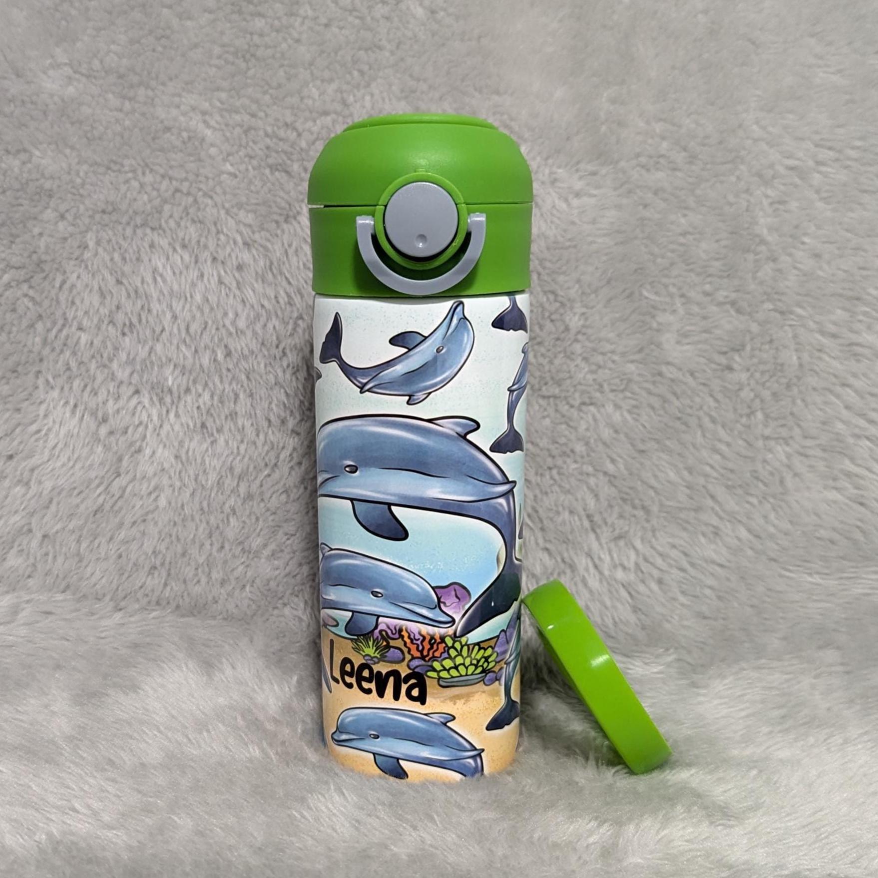 Kids Dolphin Water Bottle 12oz With Reusable Straw Can Be Personalized