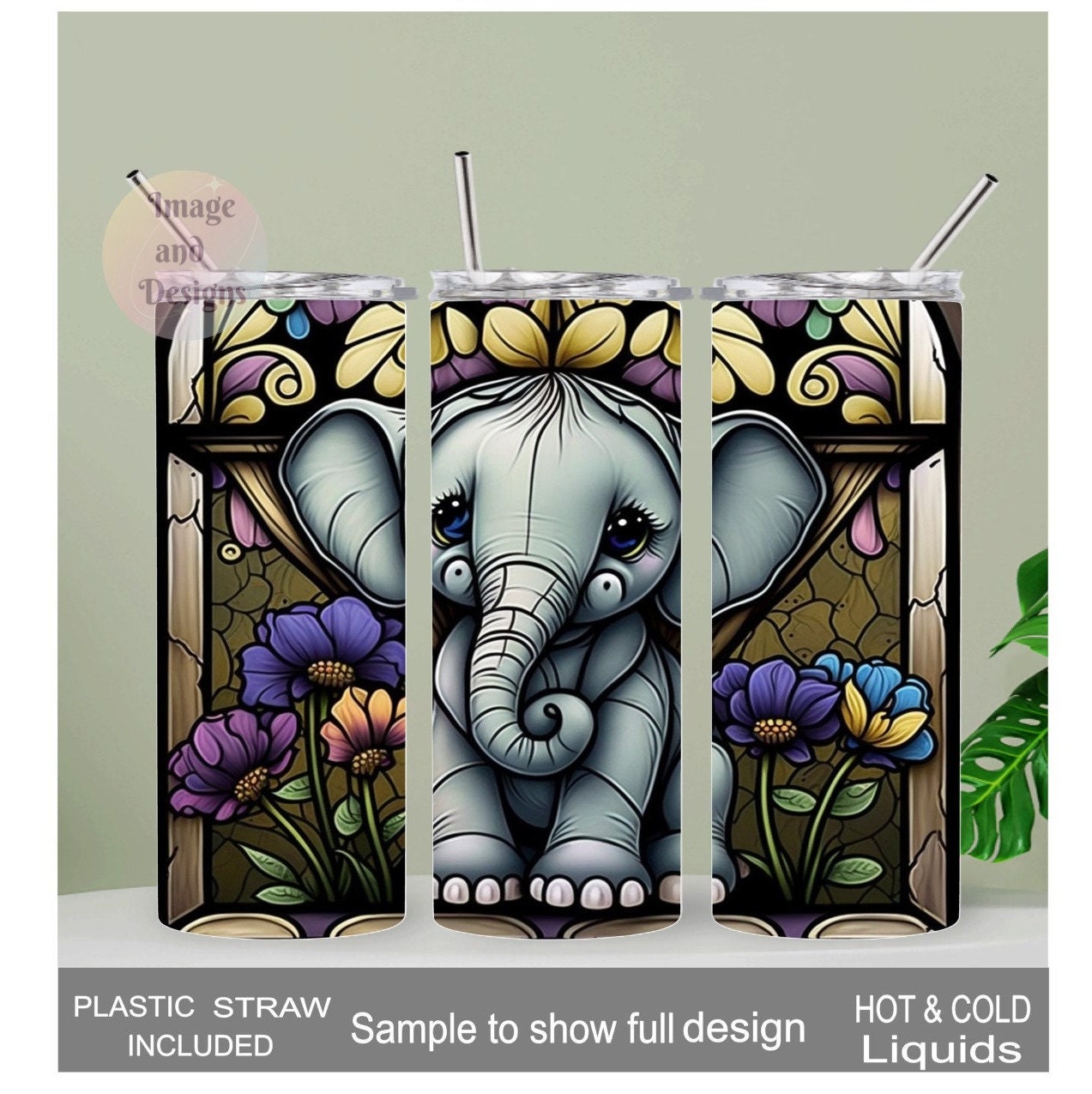Adorable Baby Elephant Tumbler with Stained Glass Design 20oz With Reusable Straw, Can Be Personalized