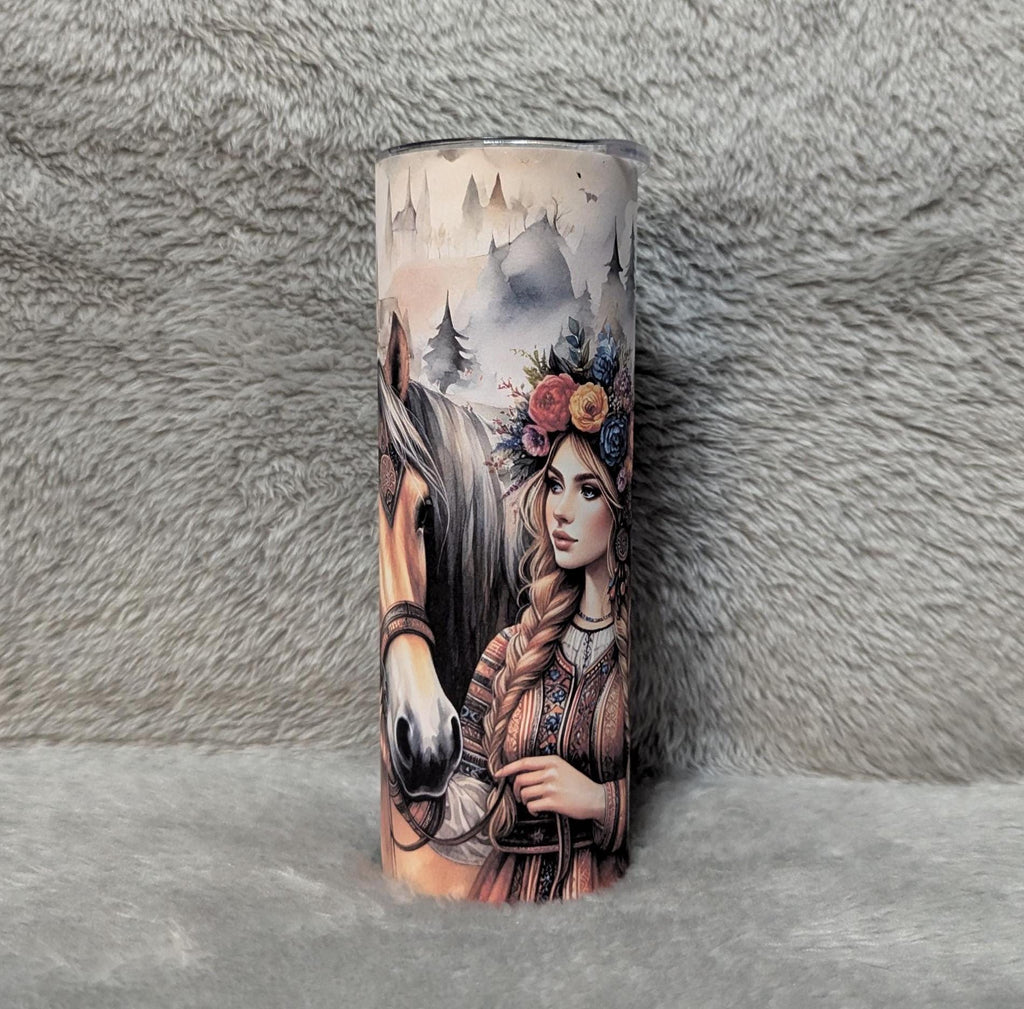 Nordic Girl With Horse Tumbler  20oz With Reusable Straw, Can Be Personalized