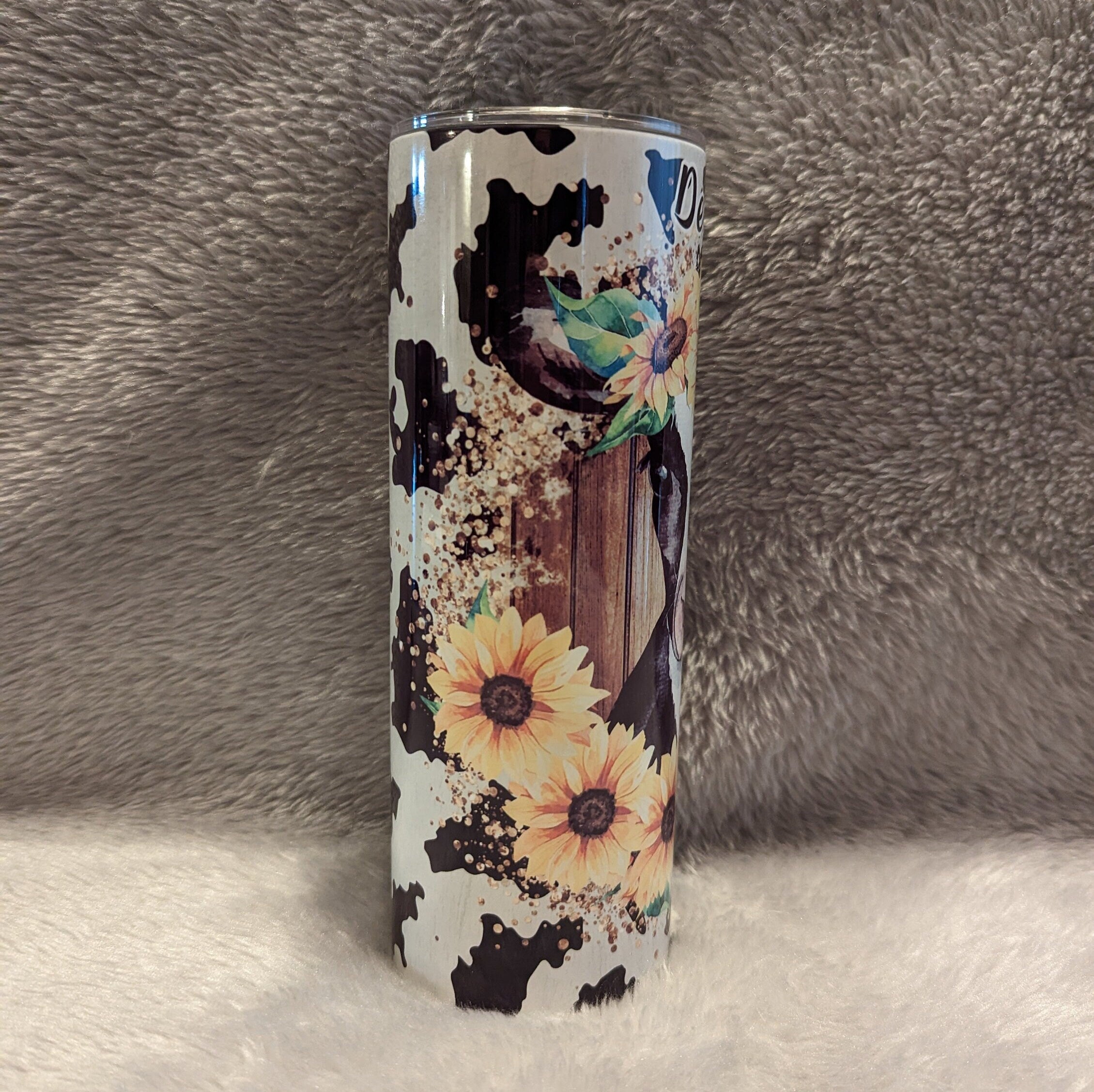 Cow With Sunflowers Tumbler 20oz With Reusable Straw, Can Be Personalized