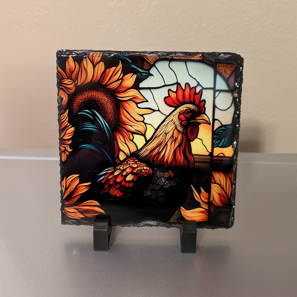 Slate Rooster Picture With Stained Glass Design Includes Display Legs