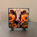 Brown and White Calf Embroidered Design Slate Picture with Display Legs