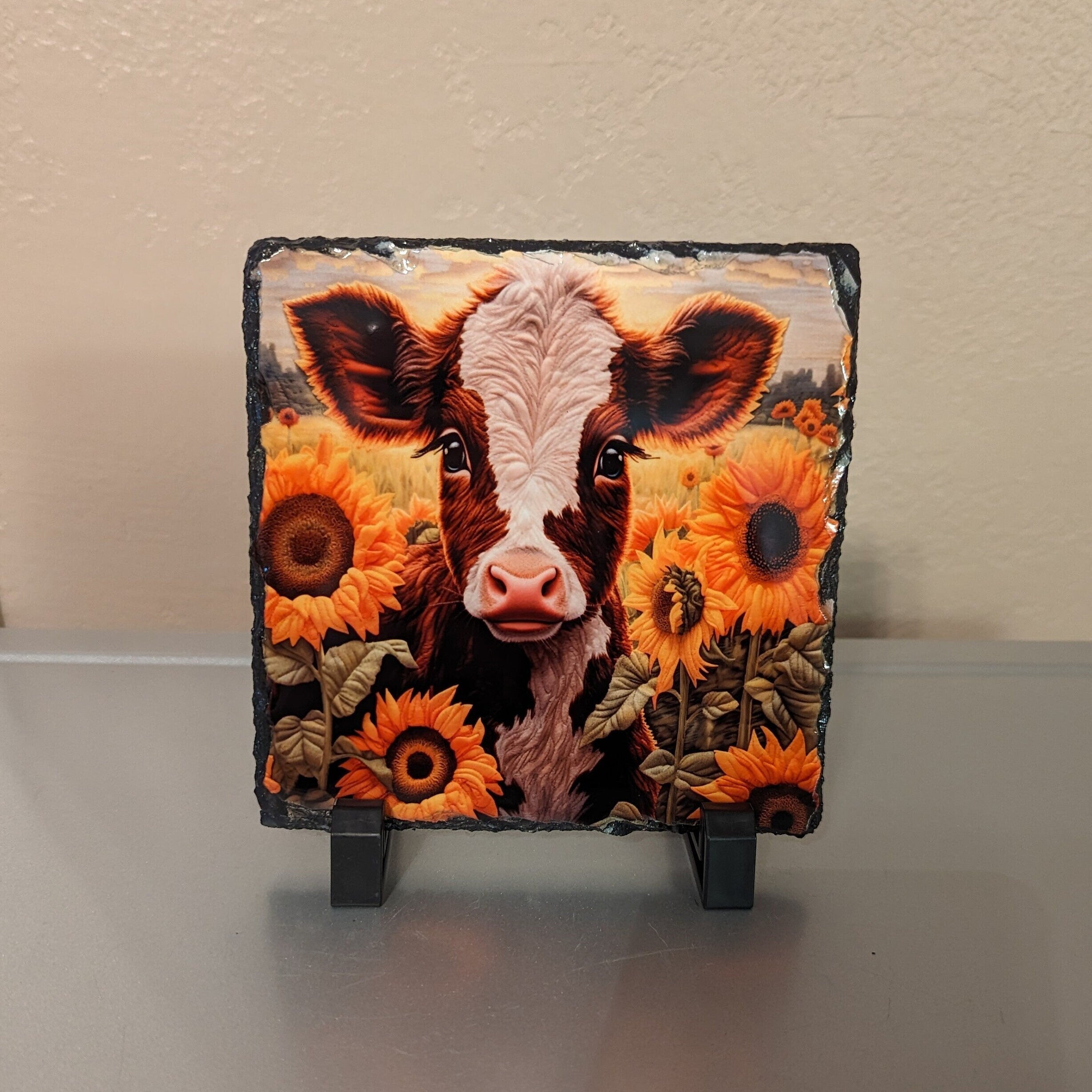 Brown and White Calf Embroidered Design Slate Picture with Display Legs