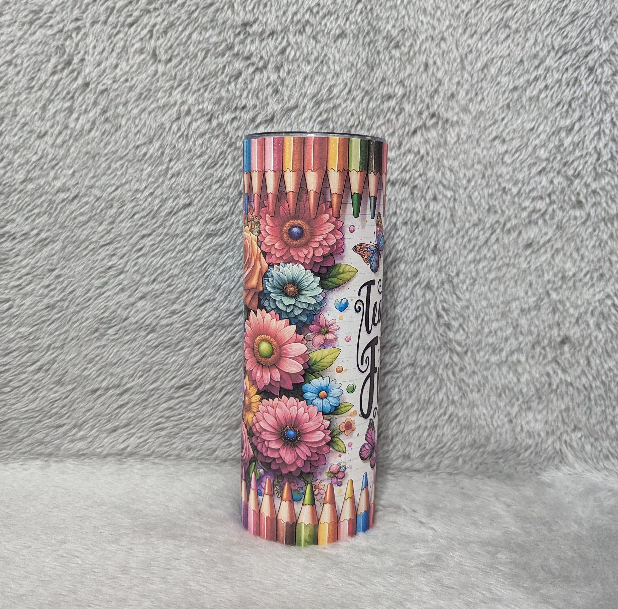 Teacher Fuel Tumbler with Colored Pencils and Butterflies 20oz With Reusable Straw, Can Be Personalized