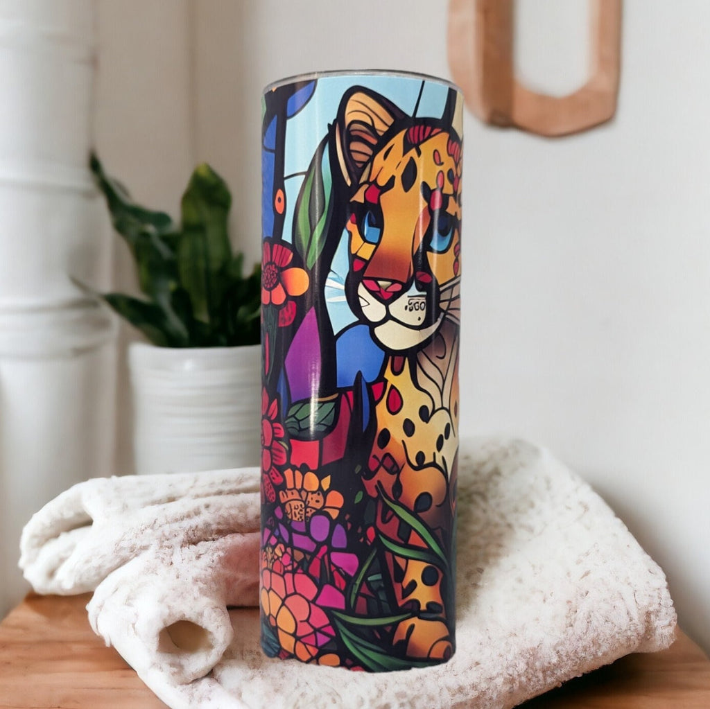 Cheetah Tumbler With A Stained Glass Design 20oz With Reusable Straw, Can Be Personalized