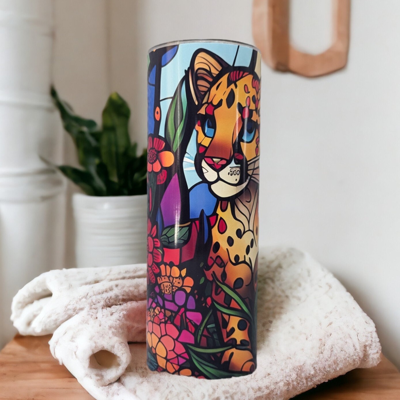 Cheetah Tumbler With A Stained Glass Design 20oz With Reusable Straw, Can Be Personalized