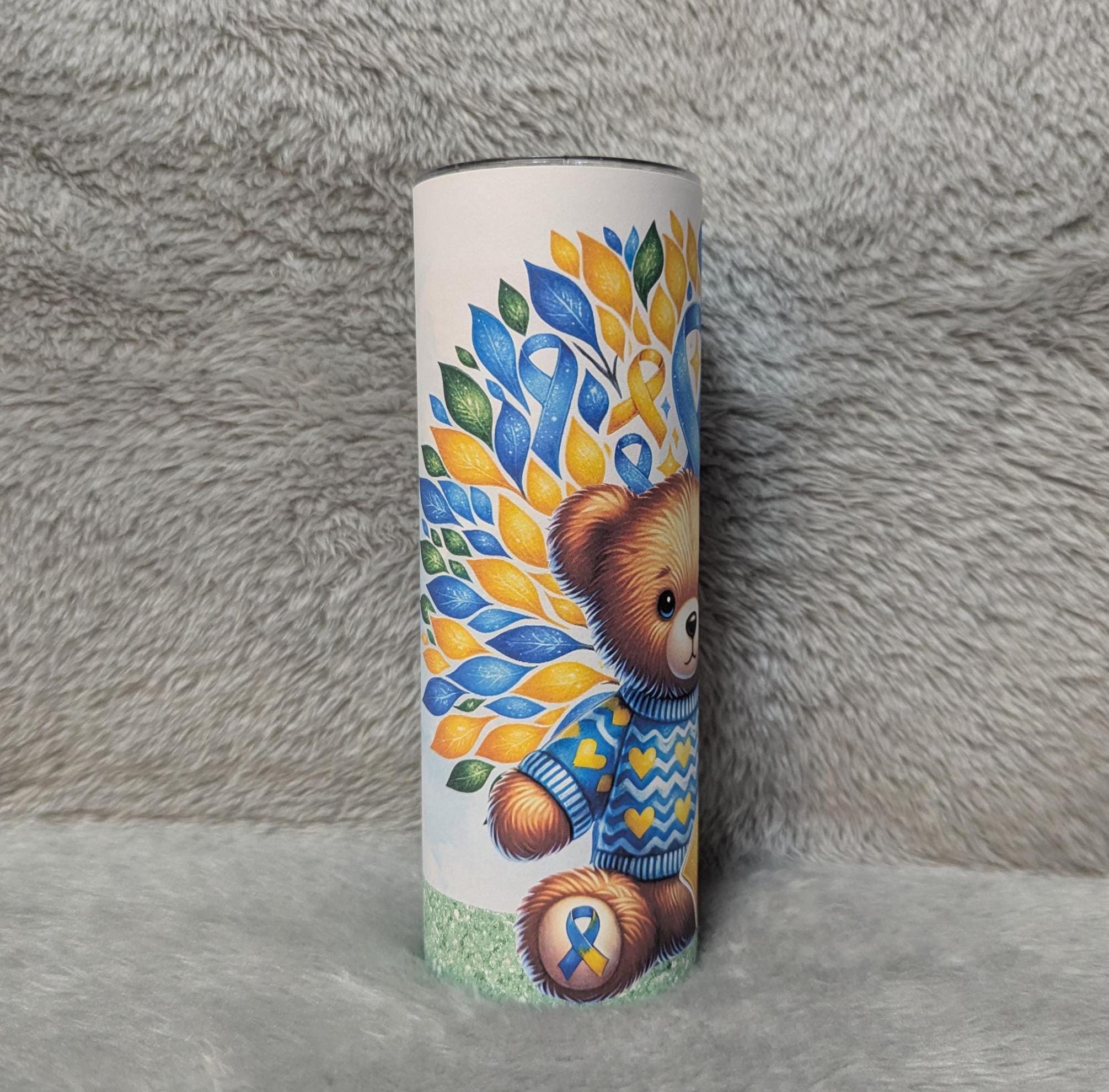 Down Syndrome Awareness Bear Tumbler 20oz With Reusable Straw, Can Be Personalized