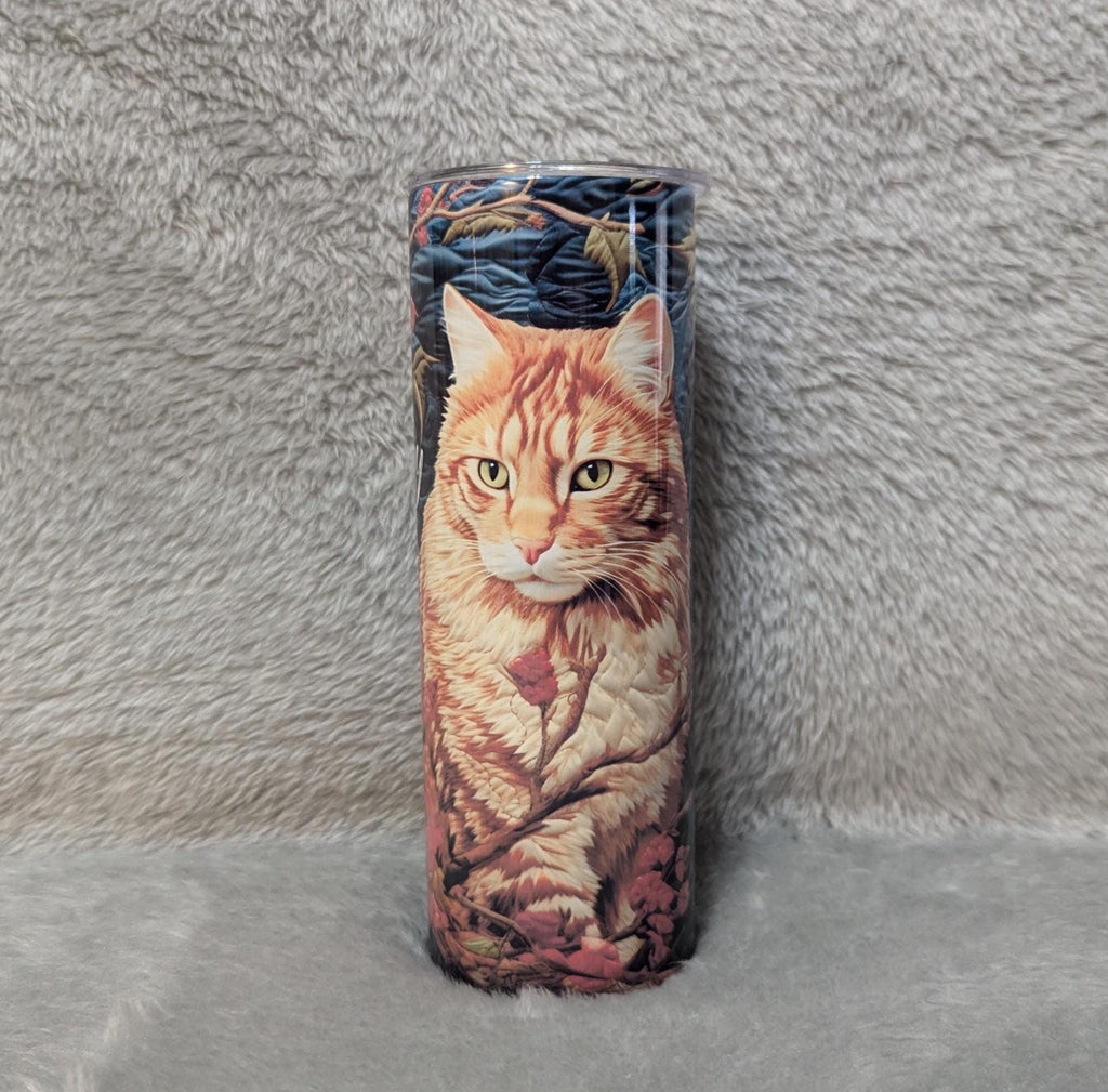 Cat Tumbler with Embroidered Orange Tabby Cat Design 20oz With Reusable Straw, Can Be Personalized