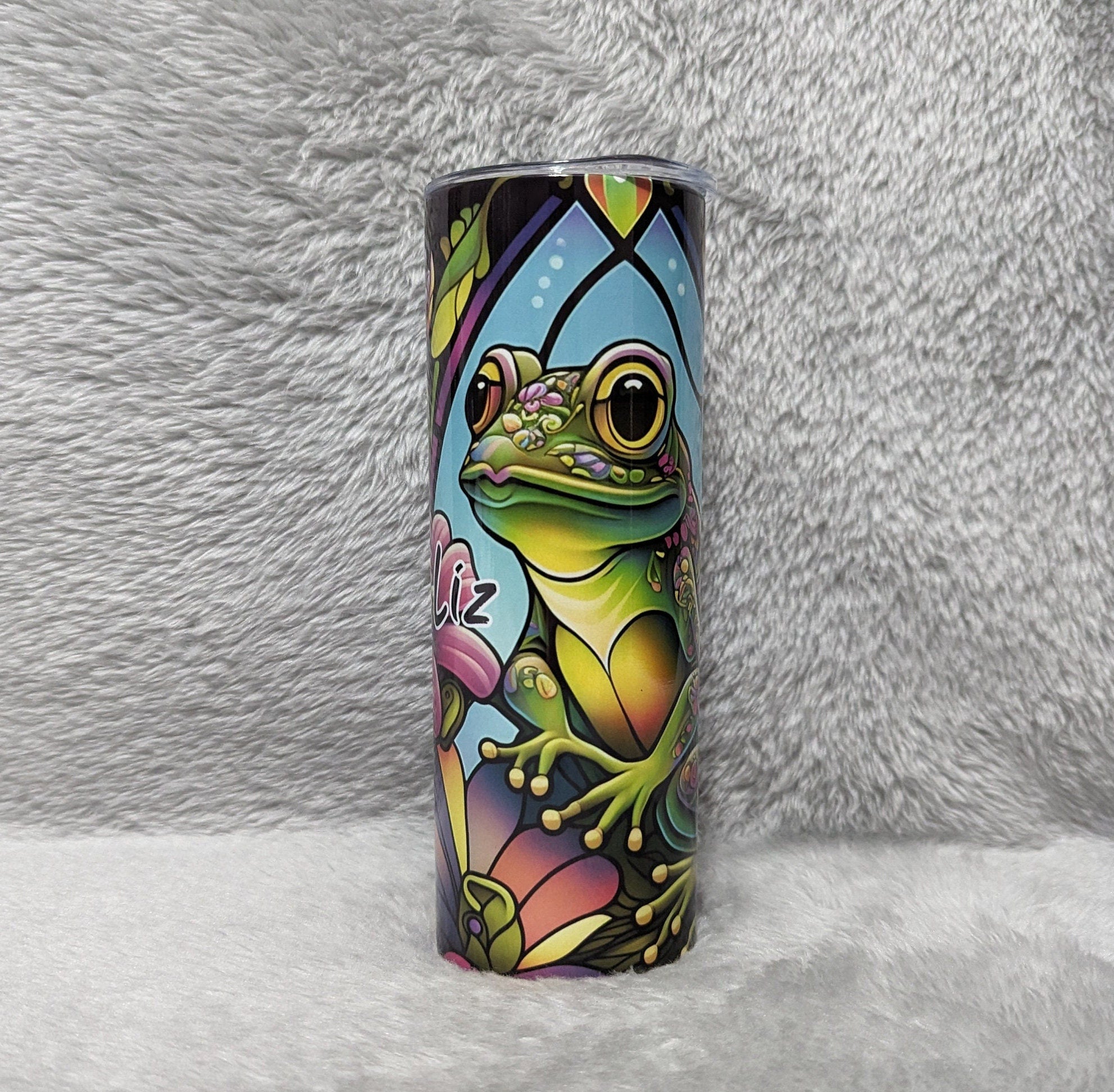 Frog Tumbler With Stained Glass Design 20oz With Reusable Straw, Can Be Personalized