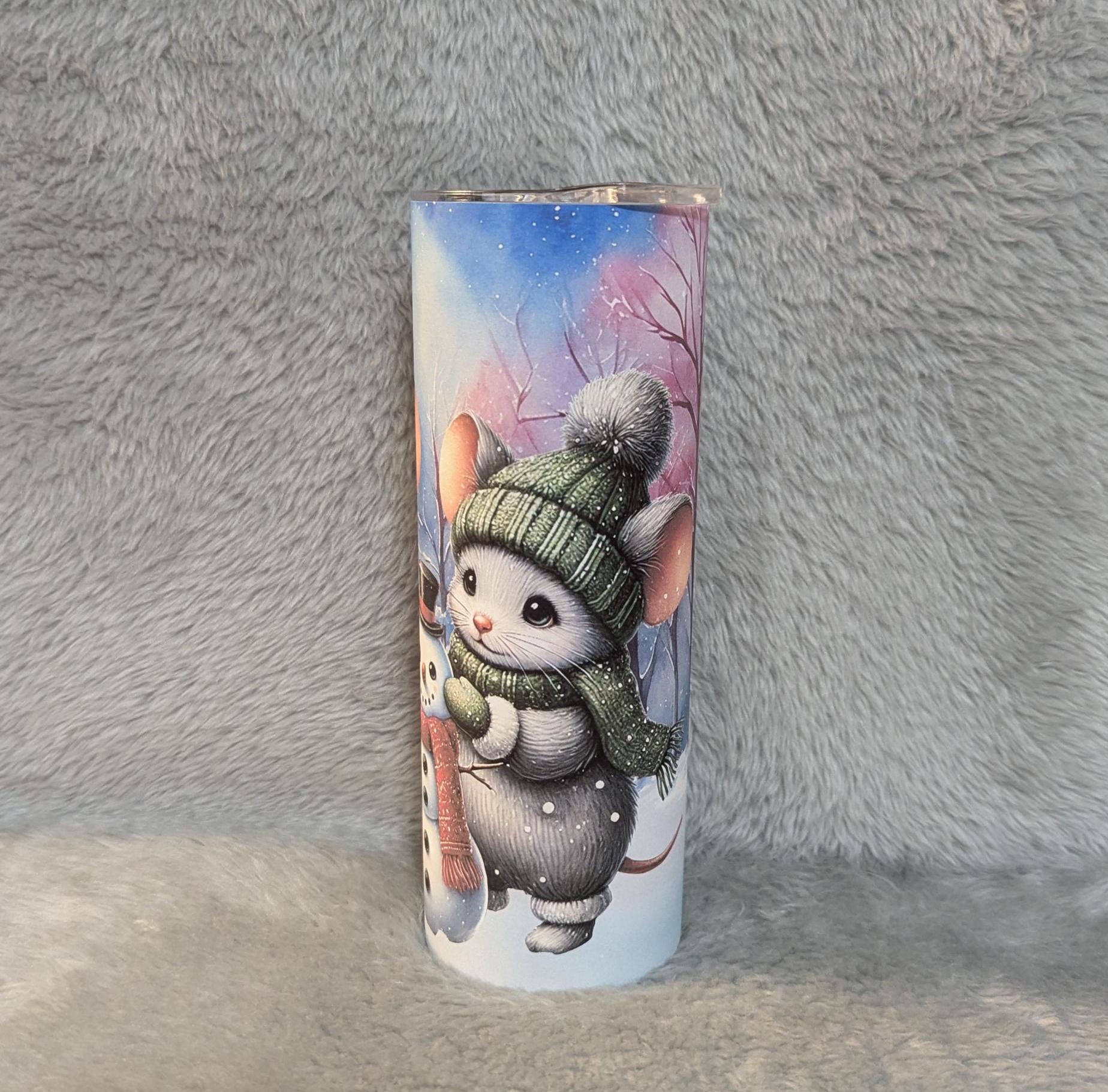 Winter Mouse/Mice Tumbler 20oz With Reusable Straw, Can Be Personalized