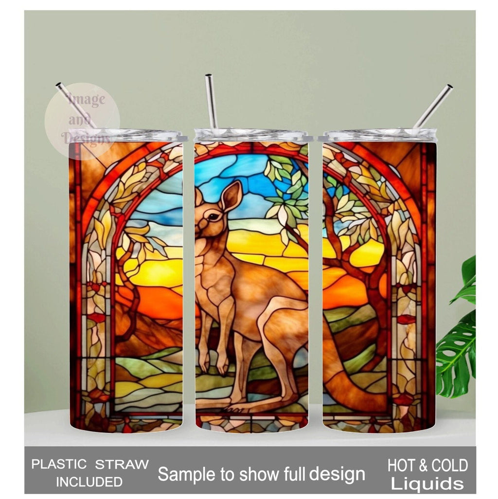 Kangaroo Tumbler with Stained Glass Design 20oz With Reusable Straw, Can Be Personalized