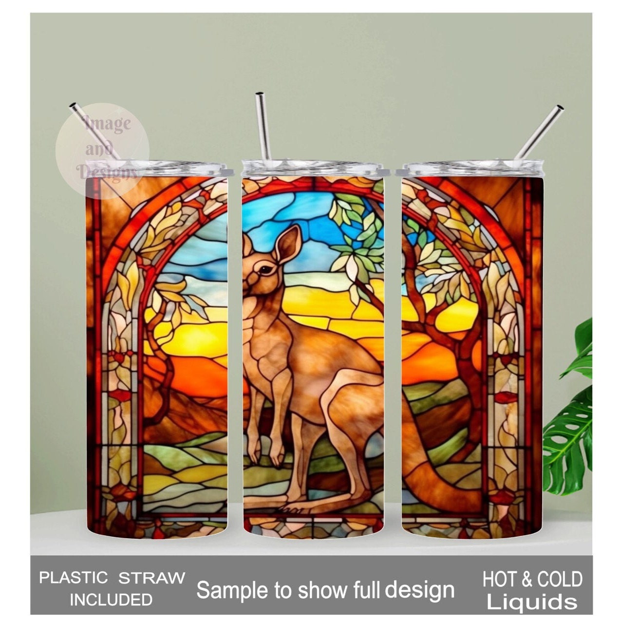 Kangaroo Tumbler with Stained Glass Design 20oz With Reusable Straw, Can Be Personalized