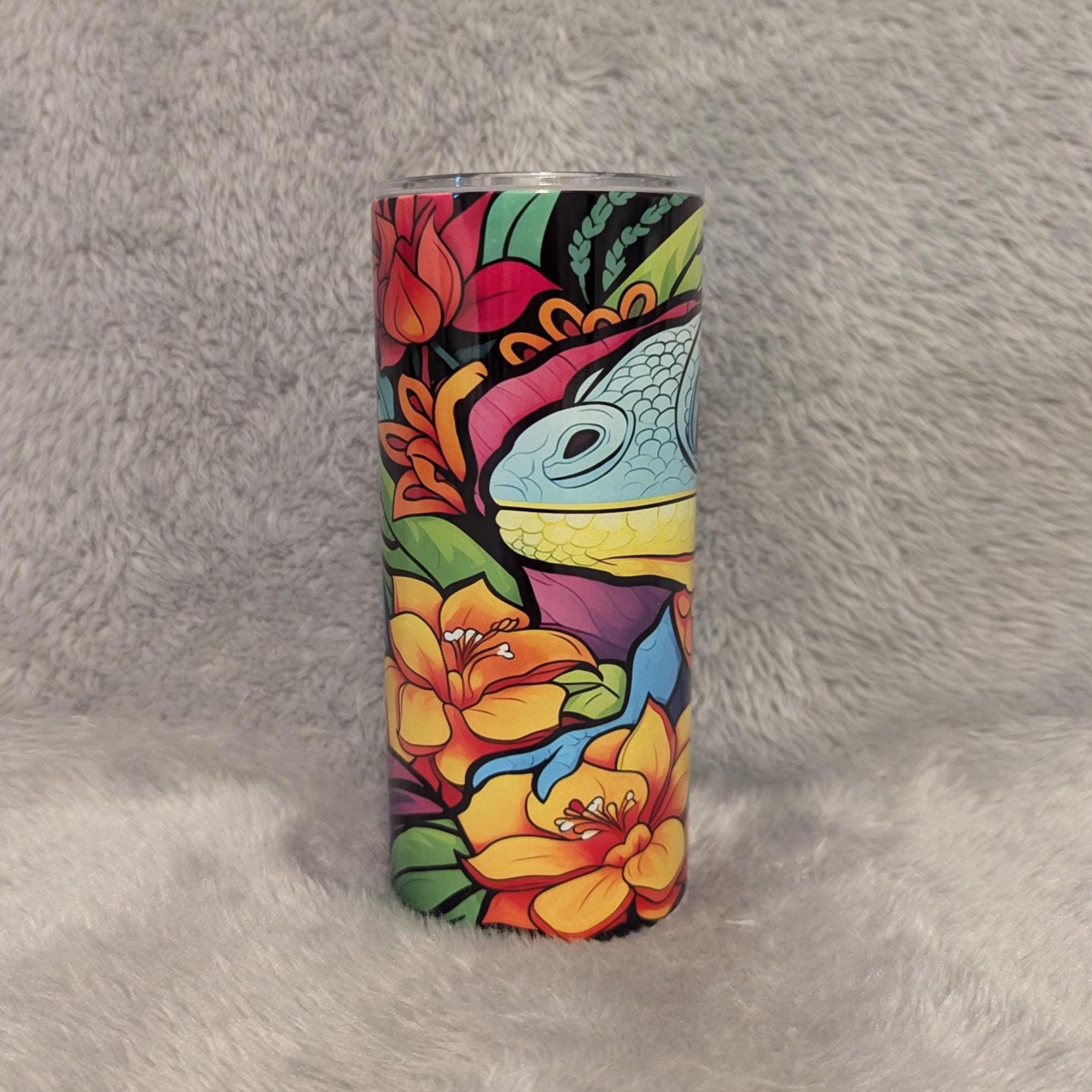 Neon Iguana Lizard Kids Tumbler 15oz With Reusable Straw, Can Be Personalized