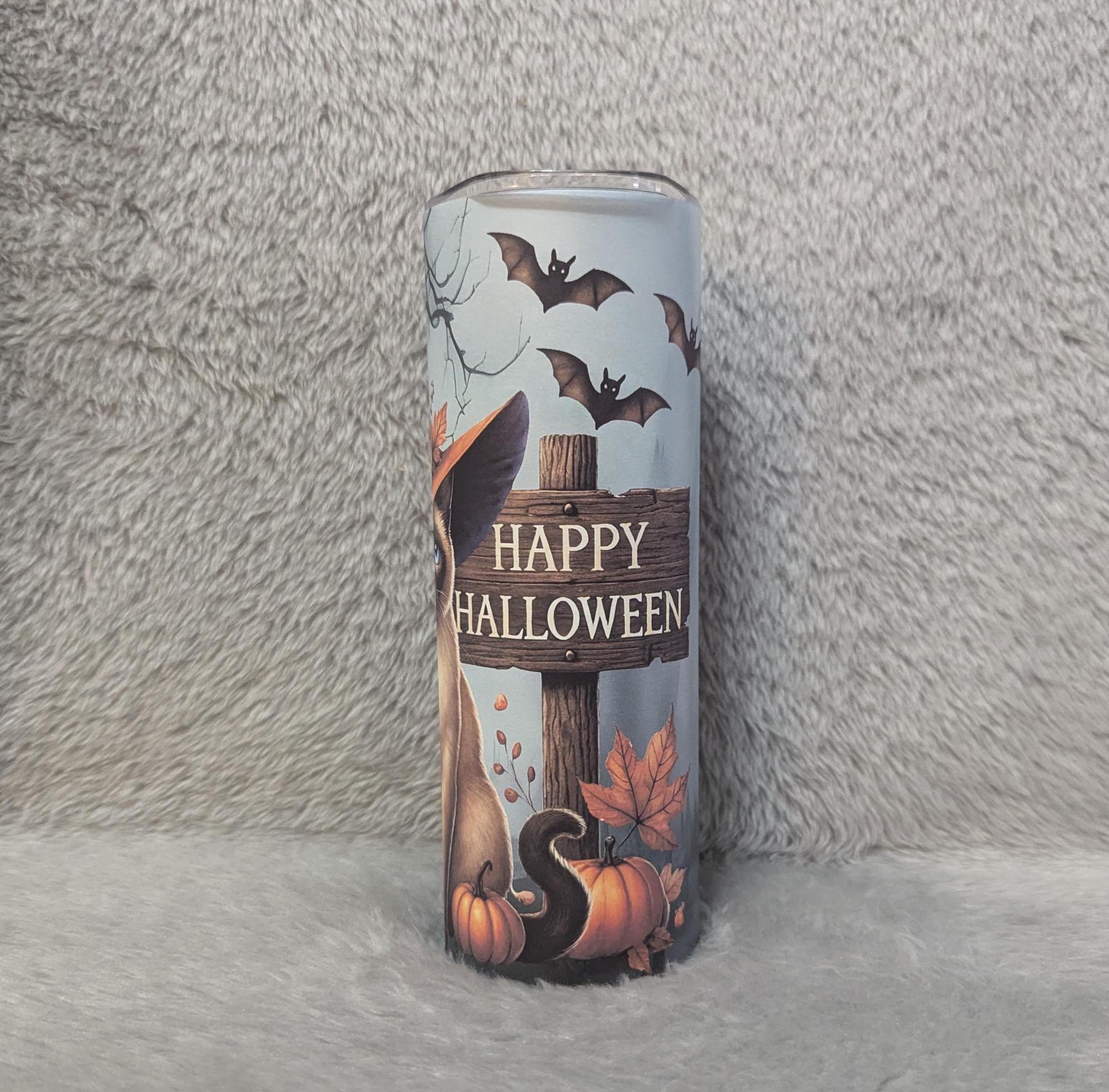 Happy Halloween Cat Tumbler 20oz With Reusable Straw, Can Be Personalized