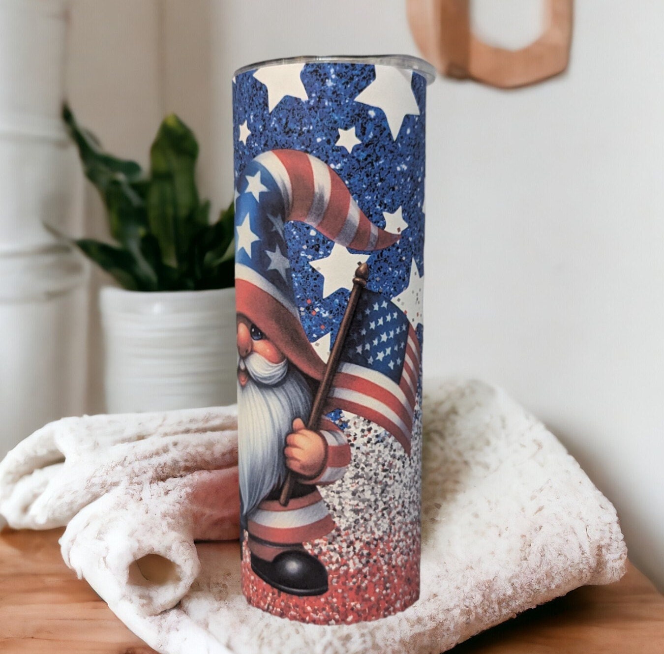 Patriotic Gnome Tumbler 20oz With Reusable Straw, Can Be Personalized