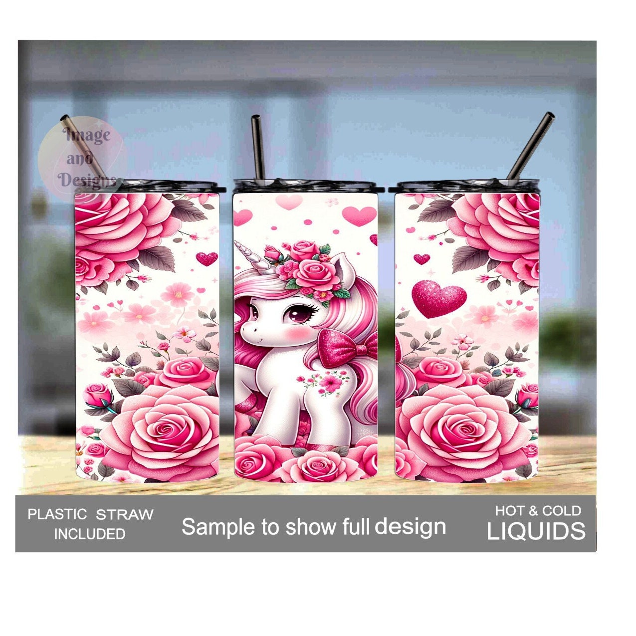 Adorable Kids Unicorn Pony Tumbler 15oz With Reusable Straw, Can Be Personalized