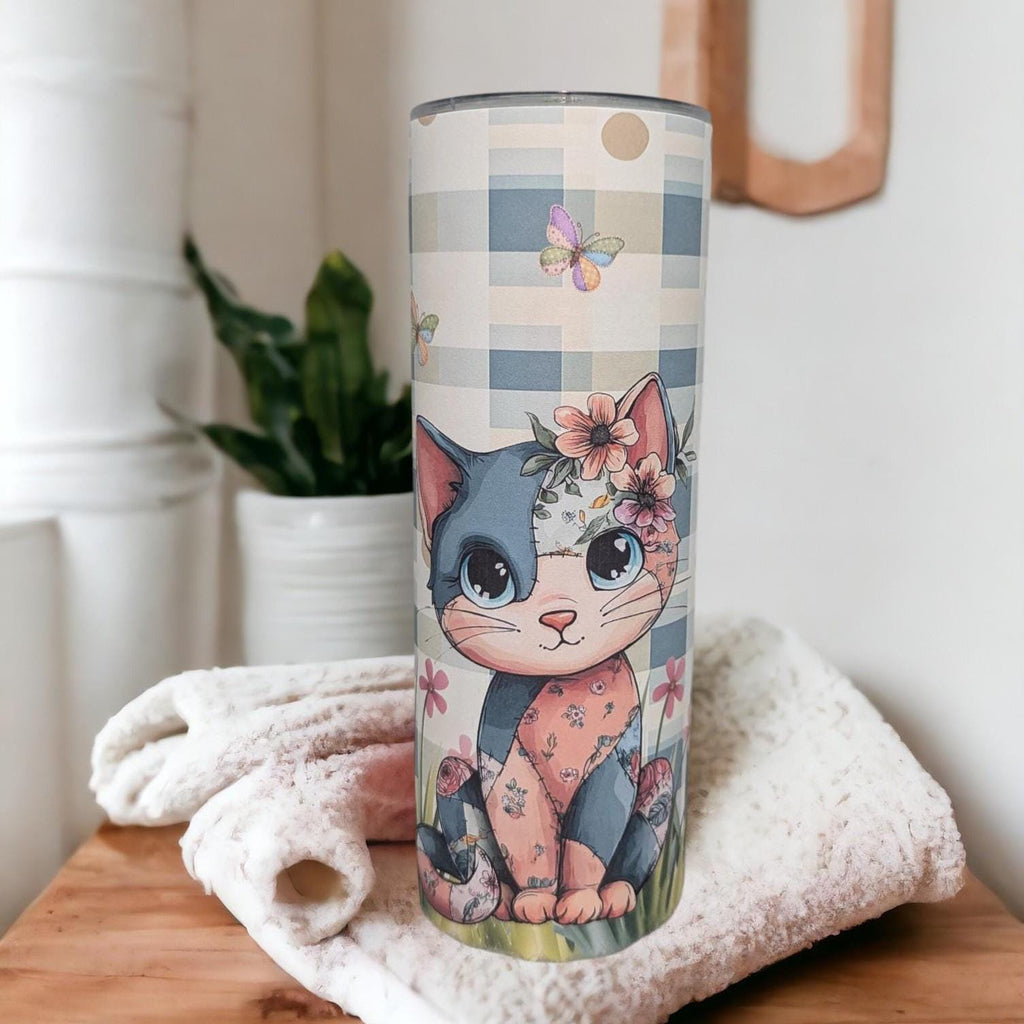 Patchwork Design Cat Tumbler 20oz With Reusable Straw, Can Be Personalized