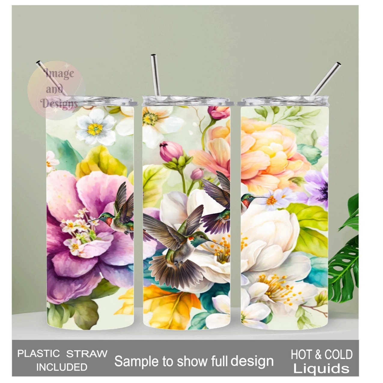 Floral Hummingbird Tumbler 20oz With Reusable Straw, Can Be Personalized