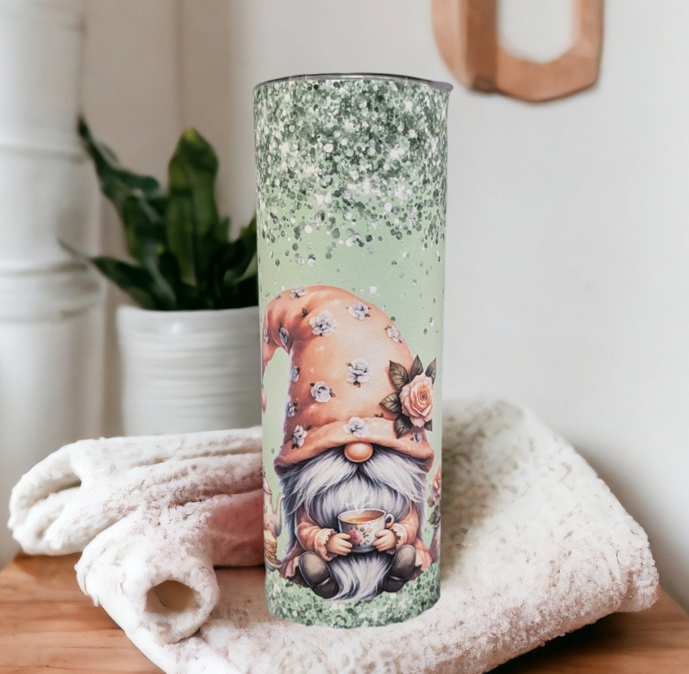 Tea Time Picnic Gnomes Tumbler 20oz With Reusable Straw, Can Be Personalized