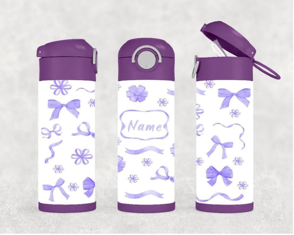 Kids Bow and Flowers Water Bottle 12oz With Reusable Straw Can Be Personalized