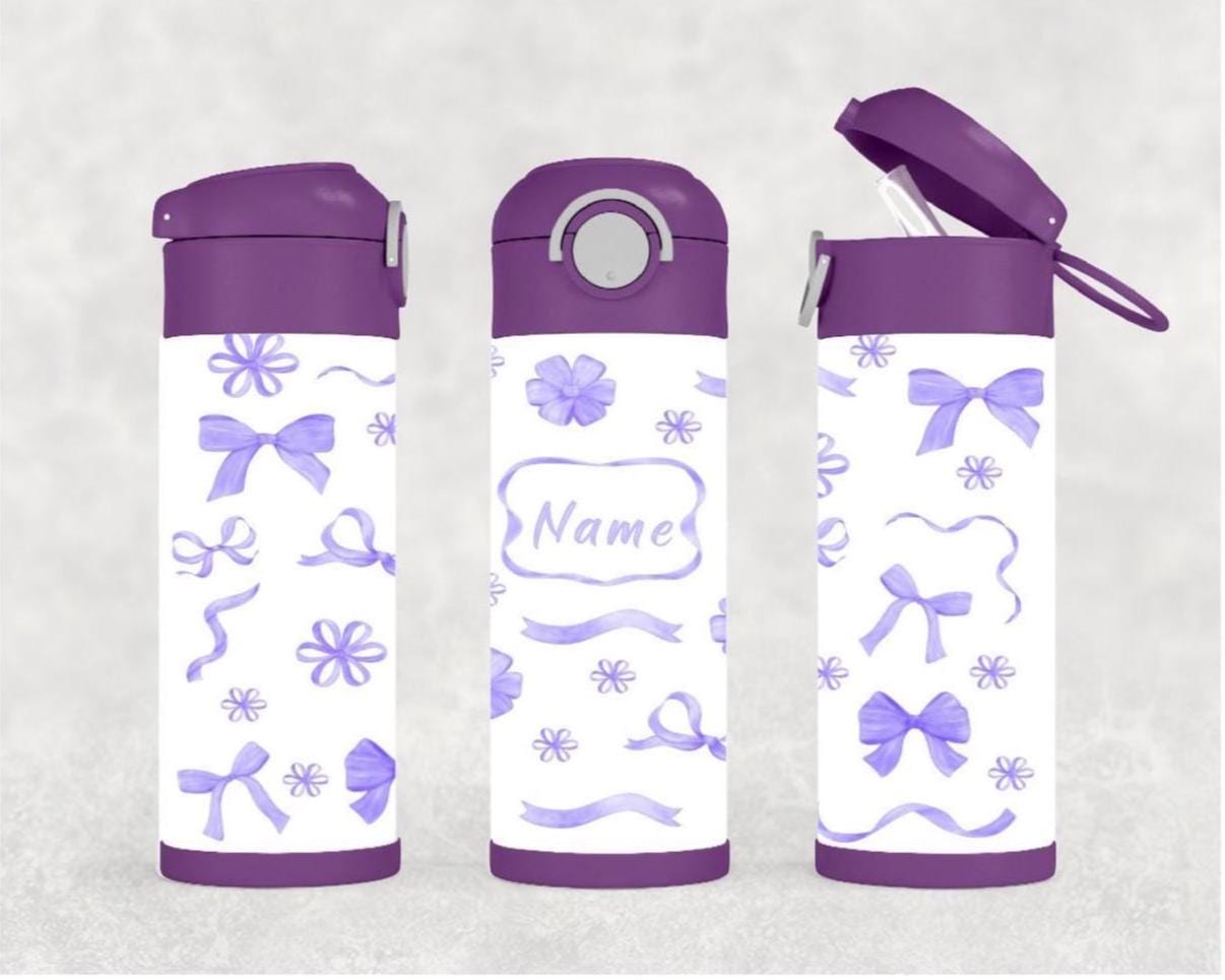 Kids Bow and Flowers Water Bottle 12oz With Reusable Straw Can Be Personalized