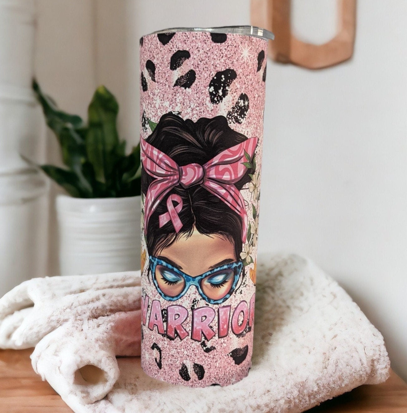 Cancer Awareness Warrior Mom Bun Tumbler 20oz With Reusable Straw, Can Be Personalized