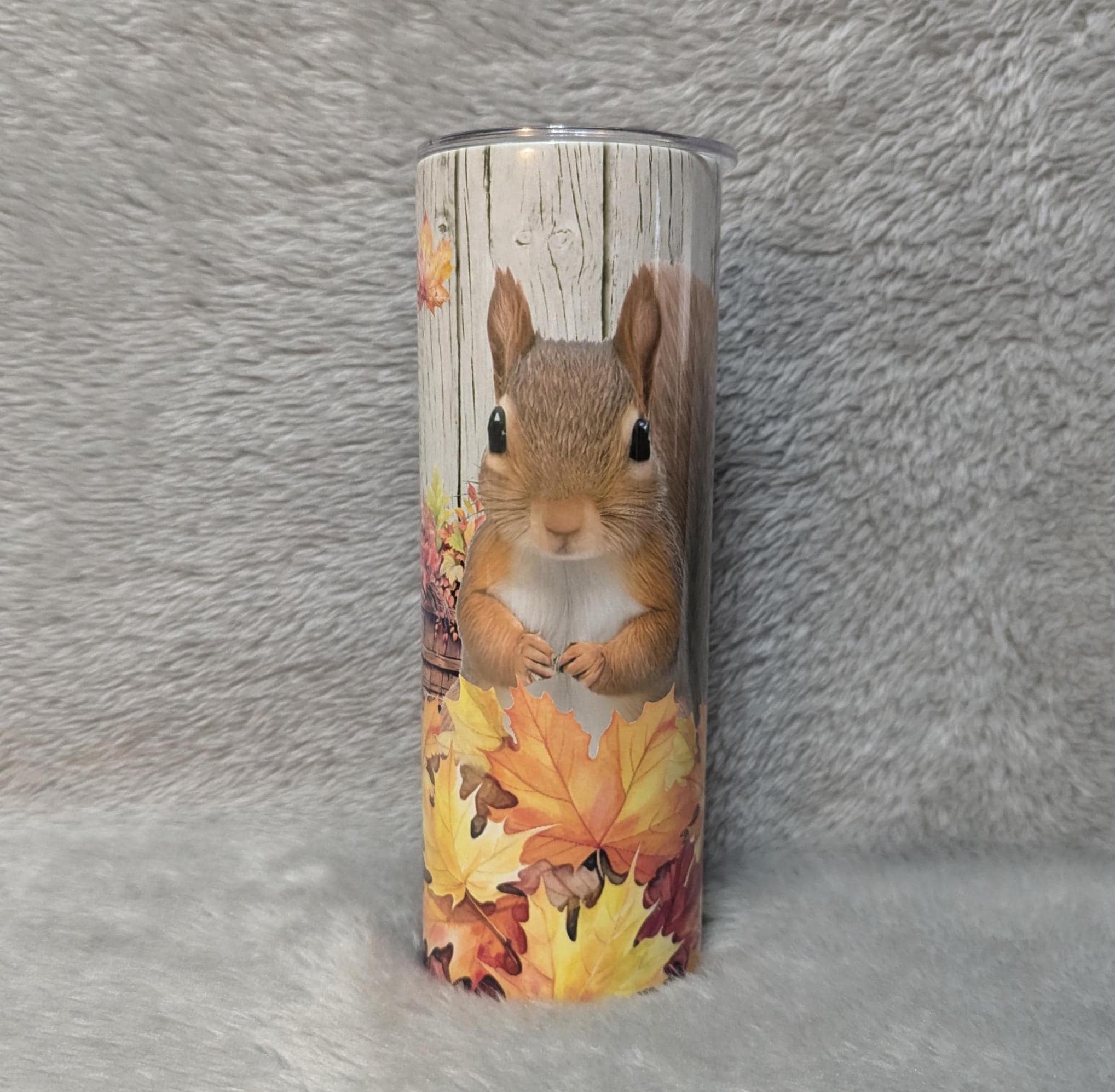 Squirrel Tumbler with Autumn Leaves 20oz With Reusable Straw, Can Be Personalized