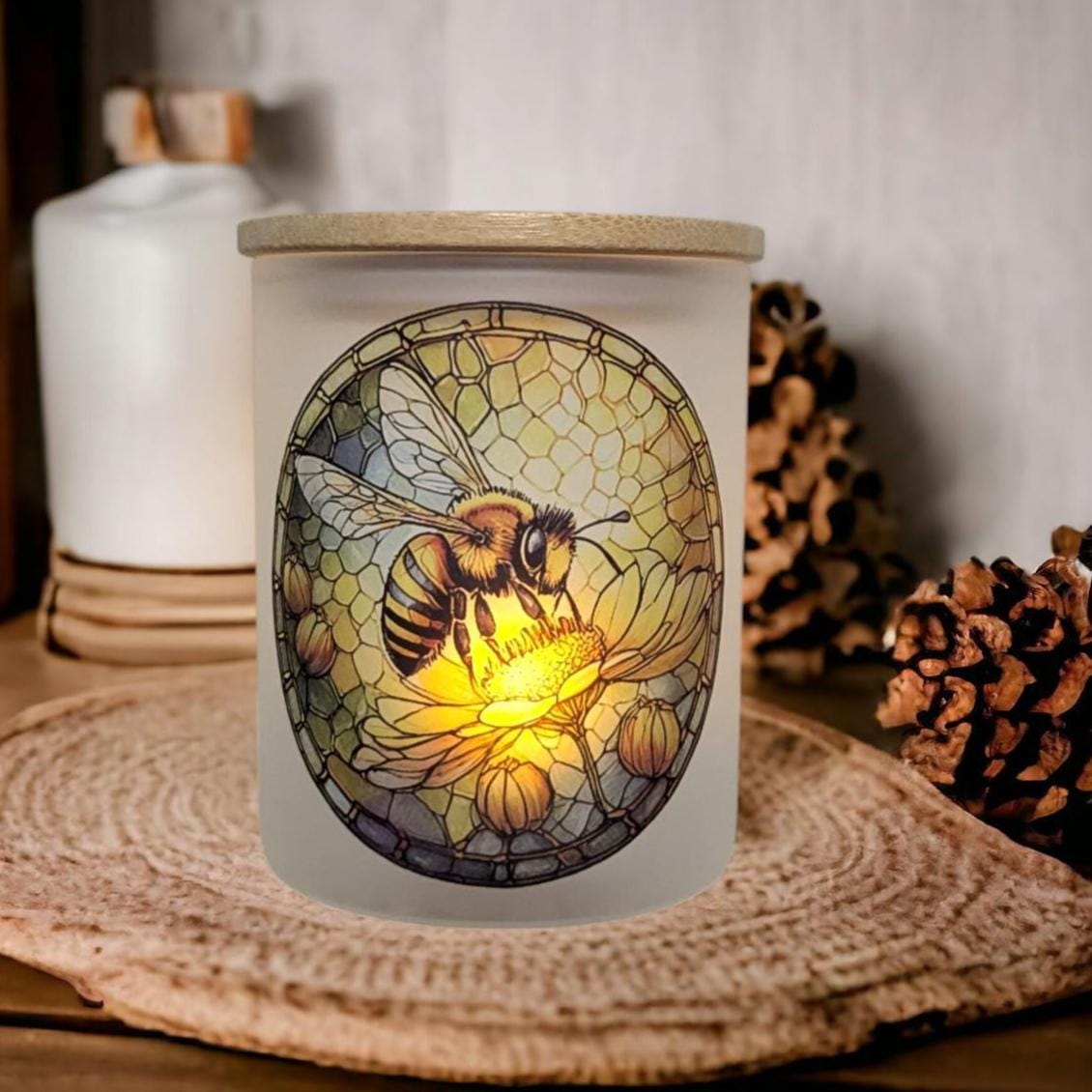 Bee Candle Holder With A Battery Operated Flickering Tea Light and A Stained Glass Design
