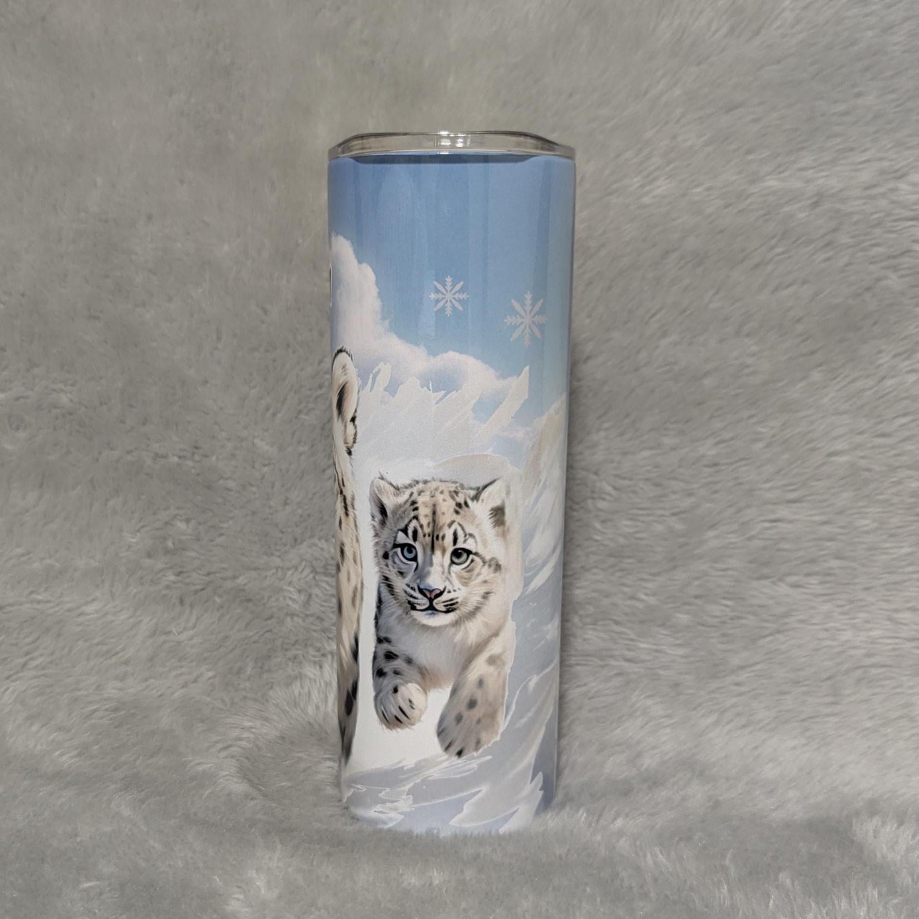 Snow Leopard Tumbler 20oz With Reusable Straw, Can Be Personalized