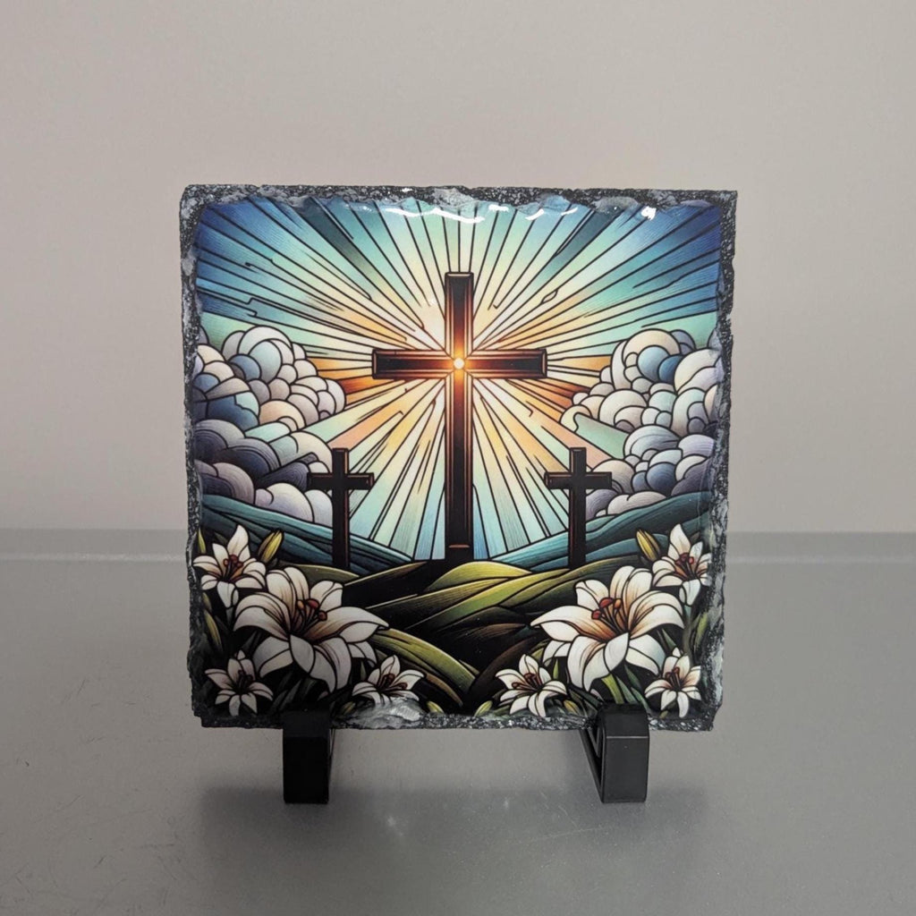 Cross With White Lily Flowers Slate Picture With Display Legs