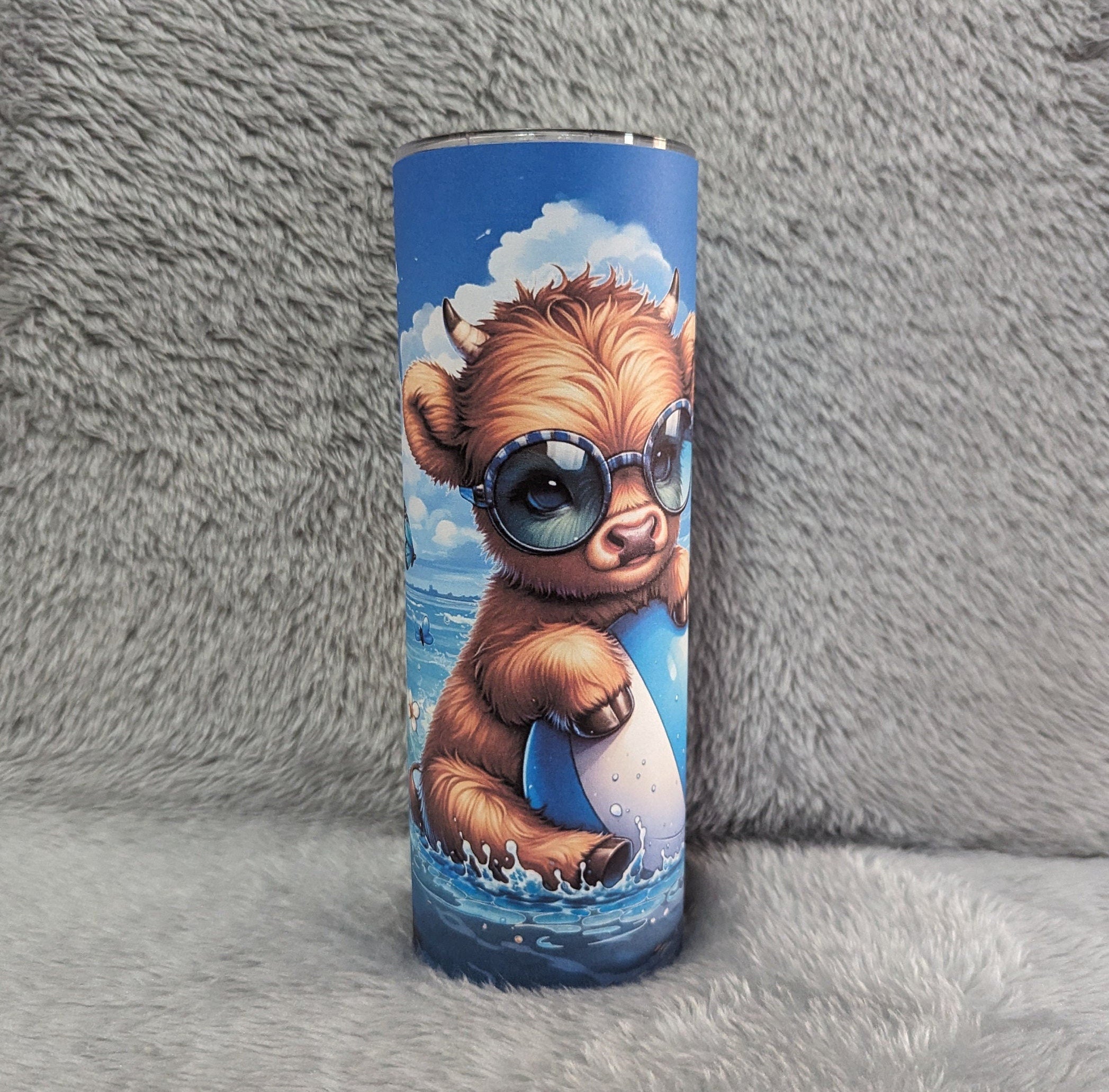 Summer Beach Highland Cow Tumbler 20oz With Reusable Straw, Can Be Personalized
