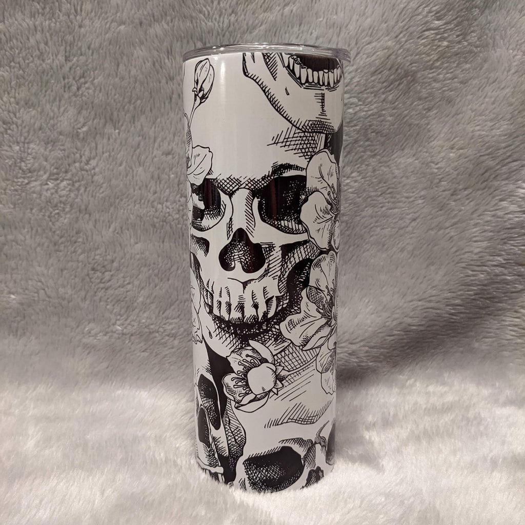 Stylish Black and White Skull Tumbler 20oz With Reusable Straw