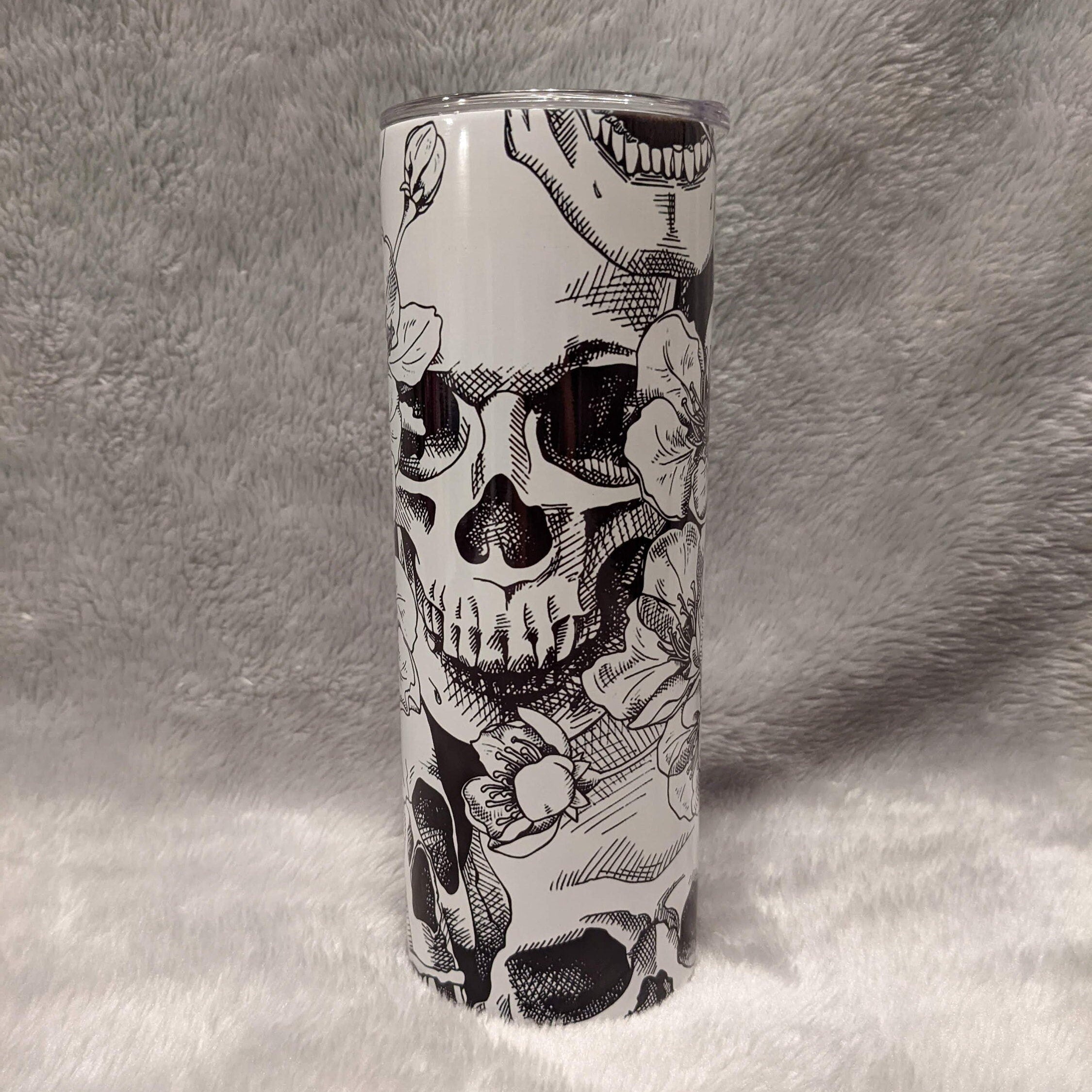 Stylish Black and White Skull Tumbler 20oz With Reusable Straw