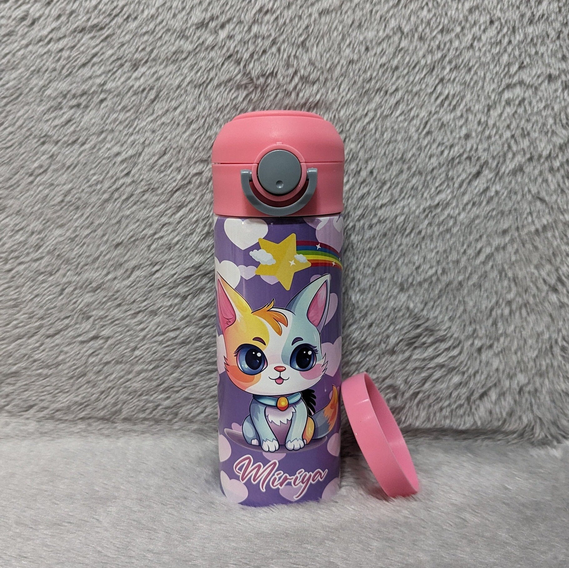 Kids Cat Water Bottle 12oz With Reusable Straw Can Be Personalized