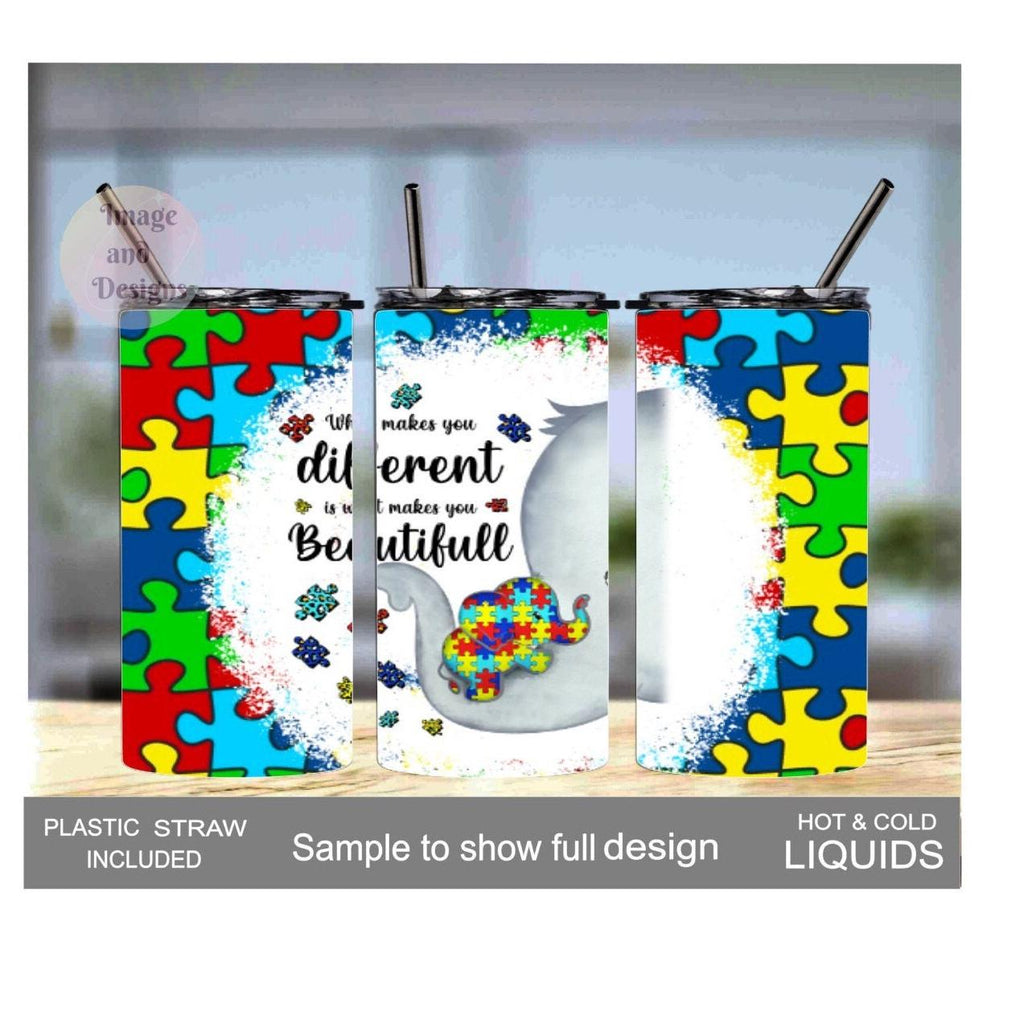 Autism Tumbler With A Cute Elephant 15oz With Reusable Straw, Can Be Personalized