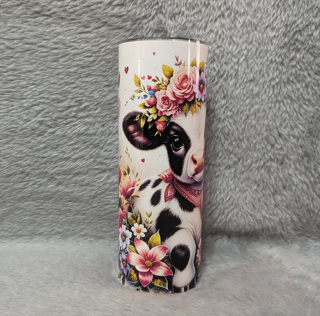 Floral Cow Tumbler 20oz With Reusable Straw, Can Be Personalized