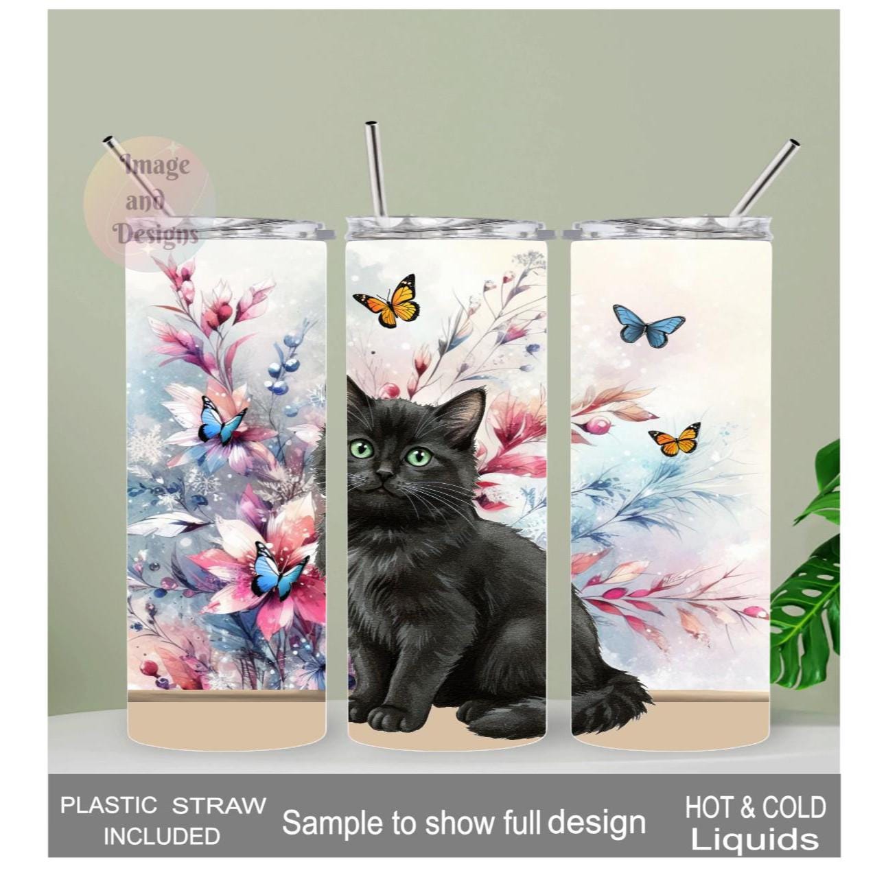 Black Cat Tumbler 20oz With Reusable Straw, Can Be Personalized