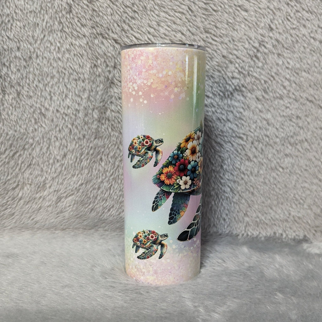 Floral Sea Turtle Tumbler 20oz Tumber With Reusable Straw, Can Be Personalized