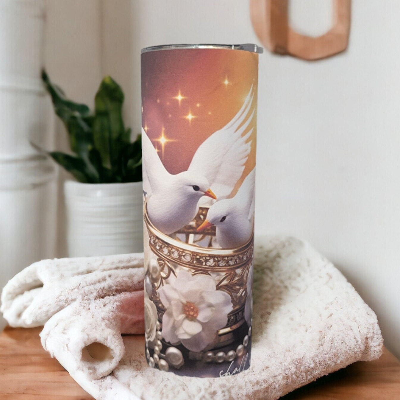 White Doves Wedding Tumbler 20oz With Reusable Straw, Can Be Personalized