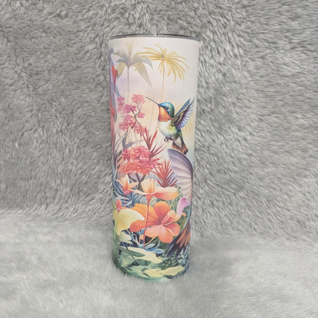Colorful Hummingbird with Tropical Flowers Tumbler 20oz With Reusable Straw, Can Be Personalized
