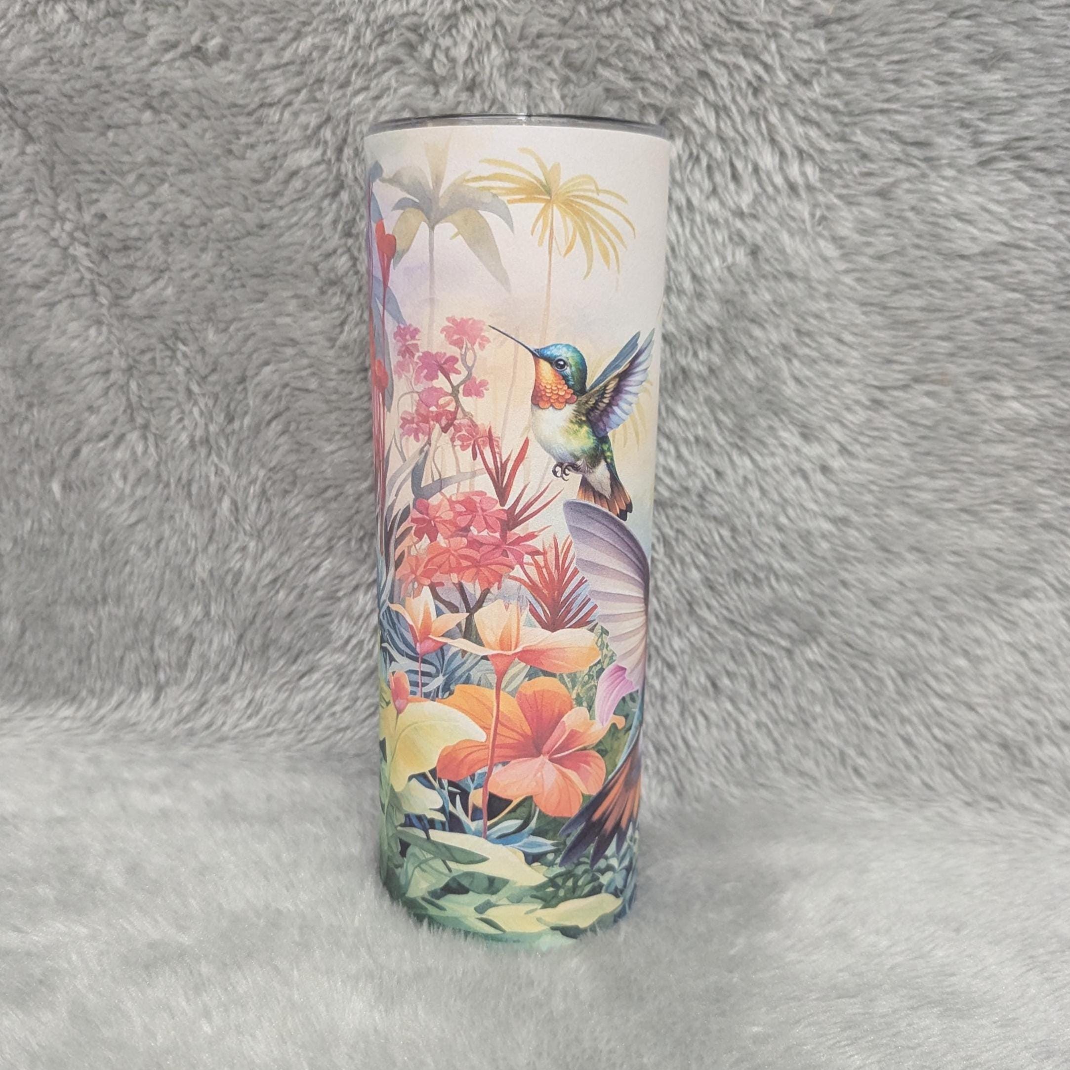 Colorful Hummingbird with Tropical Flowers Tumbler 20oz With Reusable Straw, Can Be Personalized