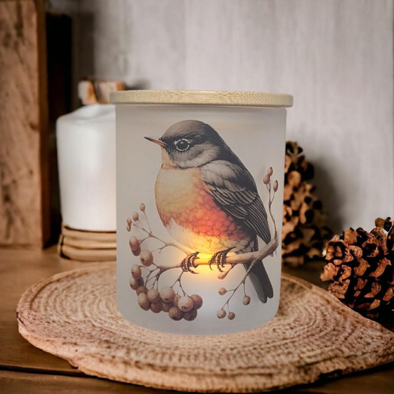 Whimsical Robin Candle Holder with Battery Operated Flickering Tea Light
