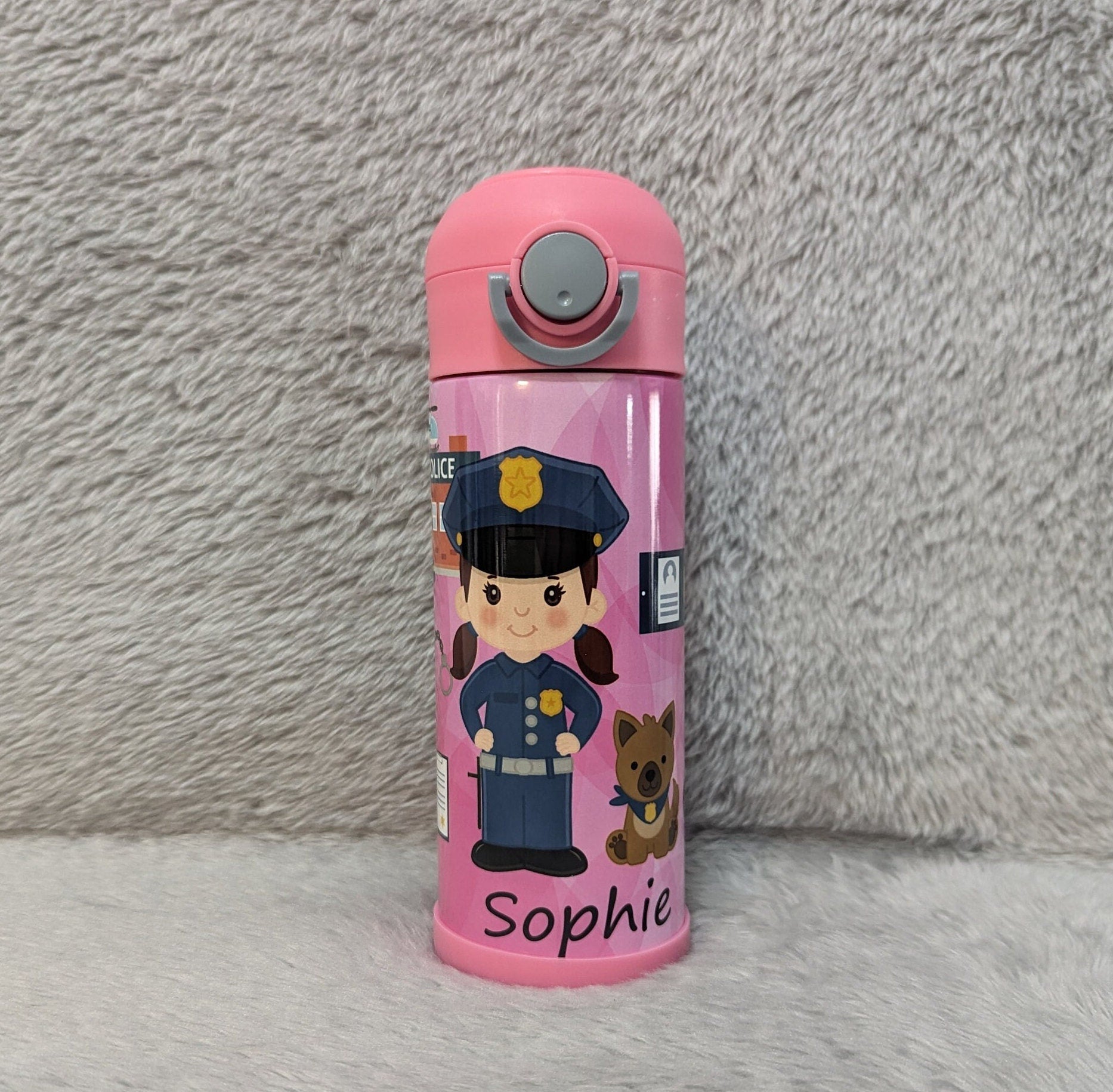 Kids Girl Cop Water Bottle 12oz With Reusable Straw Can Be Personalized