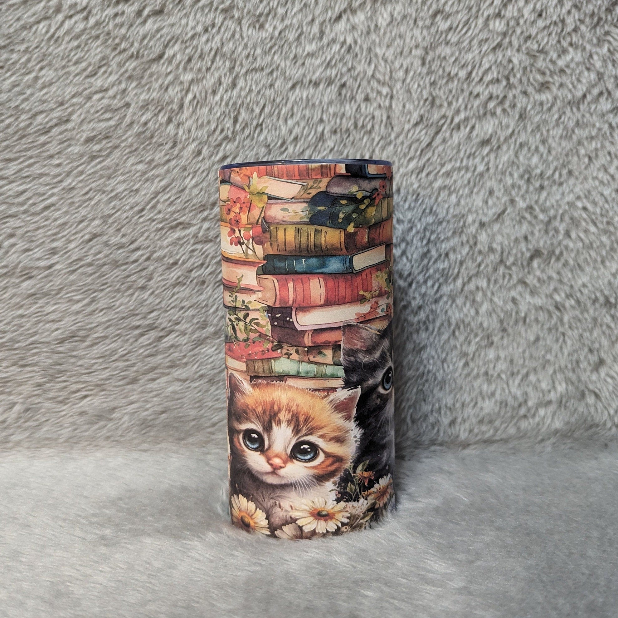 Kitten and Books Tumbler 15oz Tumber With Reusable Straw, Can Be Personalized