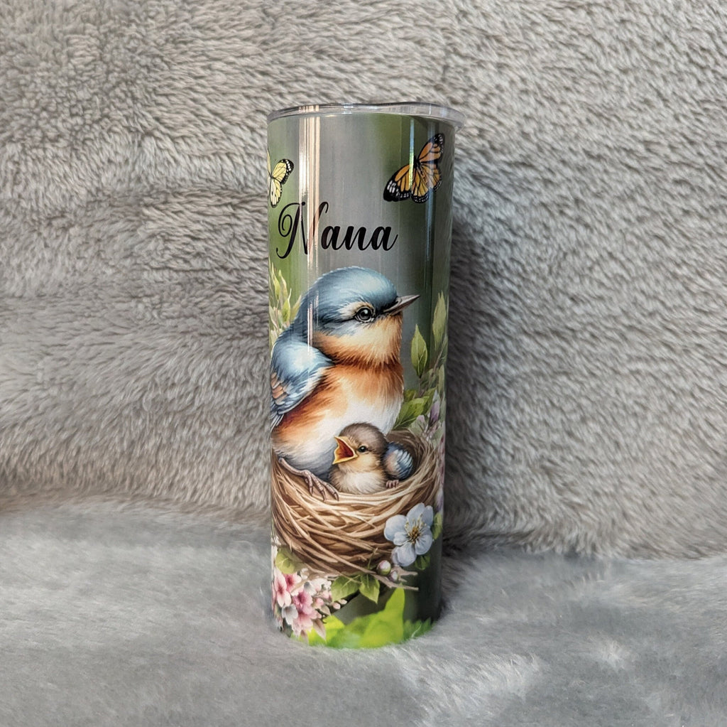 Bird Tumbler with Mother and Baby Bird 20oz With Reusable Straw, Can Be Personalized